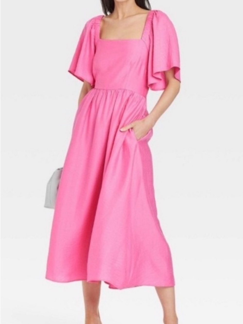 Pink Square-Neck Midi Dress with Flutter Sleeves - Picture 1 of 7